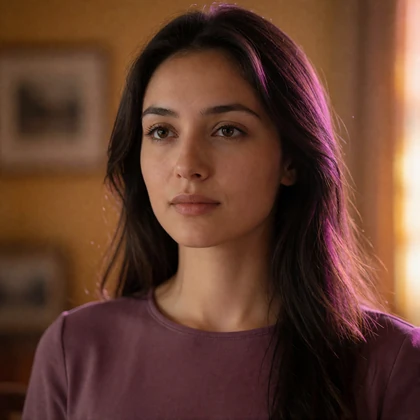 Portrait of a Turkmen woman in her late twenties in a muted plum top, a verified member of the Turkmen Dating community