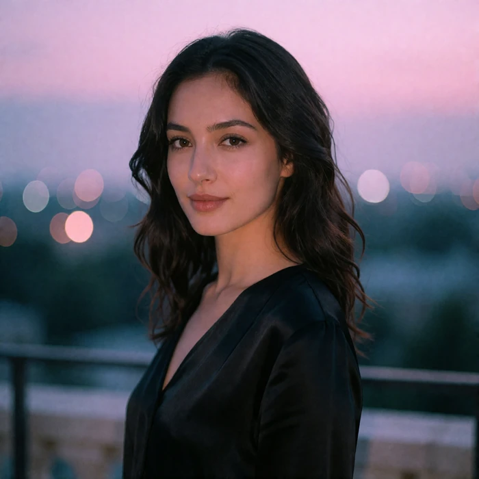 Tajik woman in her late twenties in a black silk top standing on a quiet terrace at dusk