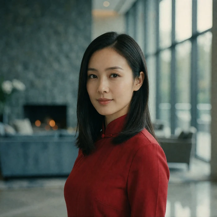 Chinese woman in a deep red mandarin-collar top standing in a modern hotel lobby