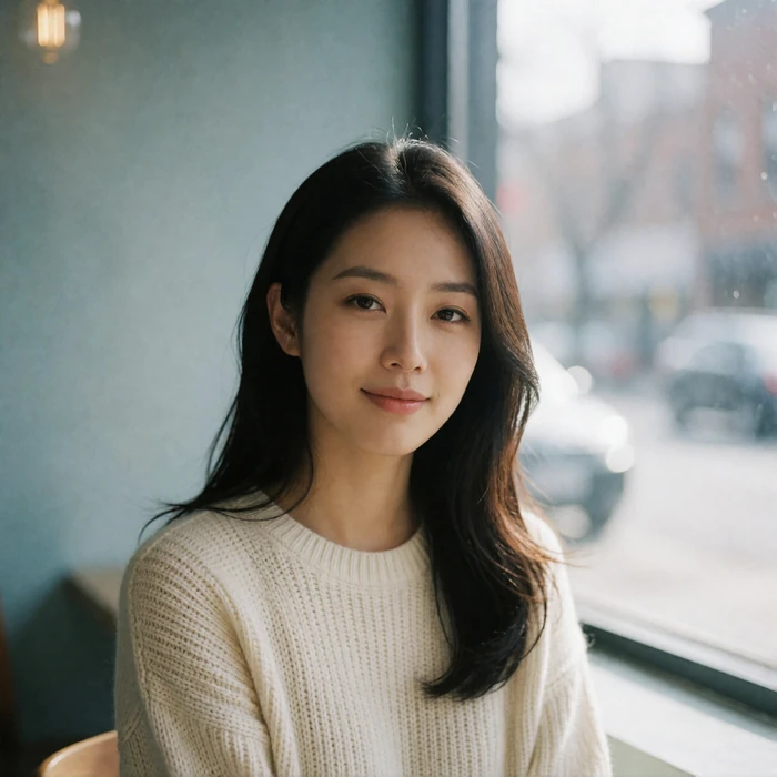 Korean woman with long dark hair in a cream knit sweater smiling in a sunlit café