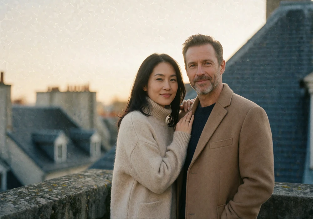 Couple in their late thirties standing together on a stone terrace in warm golden hour light