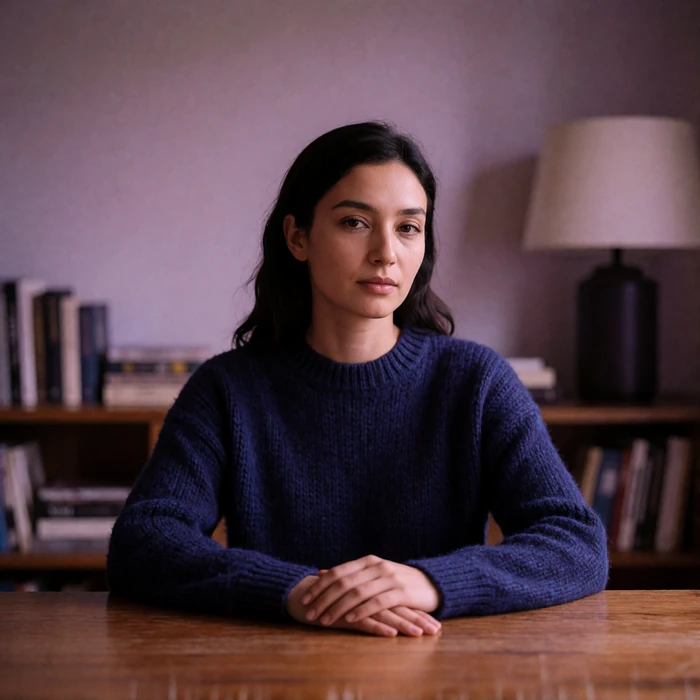 Tajik woman in her early thirties in an indigo sweater sitting at a wooden table in a quiet study interior