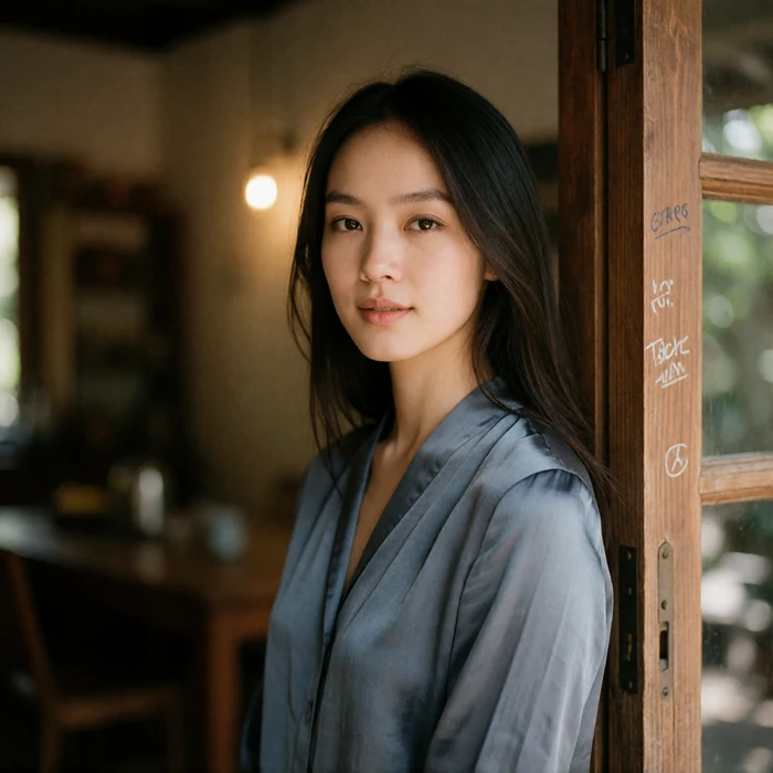 Vietnamese woman in a slate-blue silk blouse standing in a tea house doorway