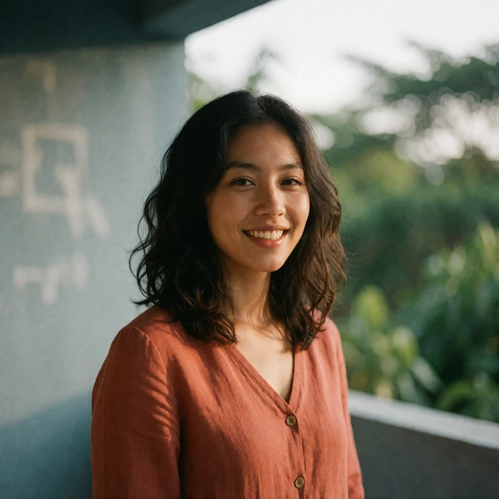 Filipina woman with wavy dark hair in a terracotta blouse smiling on a shaded terrace